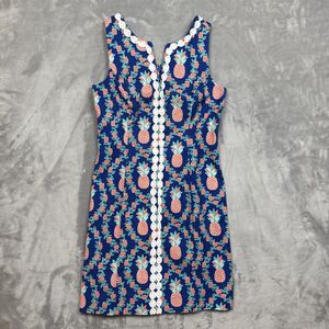 Crown & Ivy Women’s Size 8 Blue Pineapple Print Sleeveless Sheath Dress Lace Tri